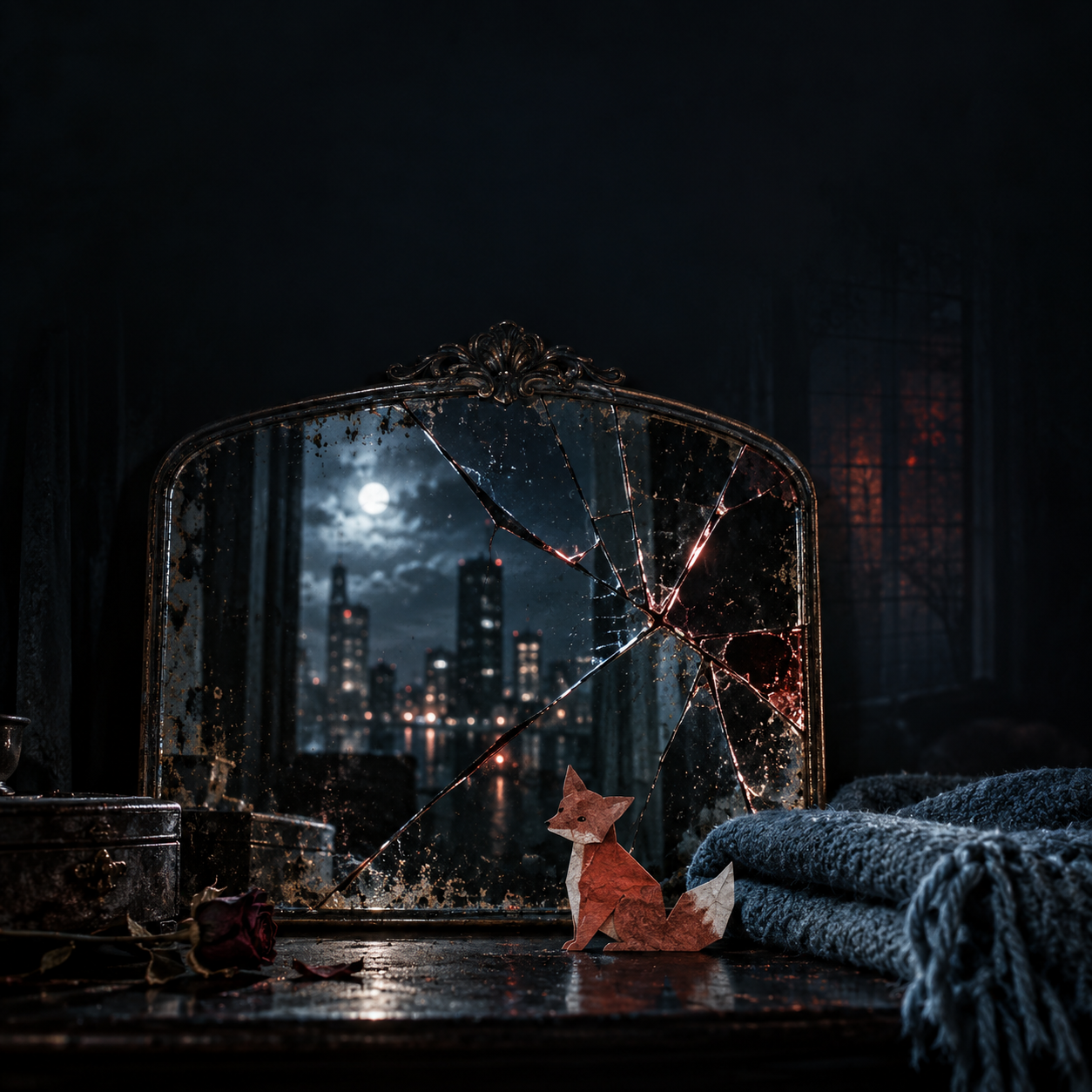 A fractured mirror, a paper fox, and a blue blanket